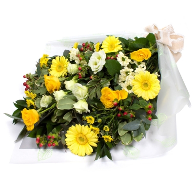 Funeral Flowers in Cellophane   Yellow mix