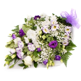 Funeral Flowers in Cellophane   Purple and White